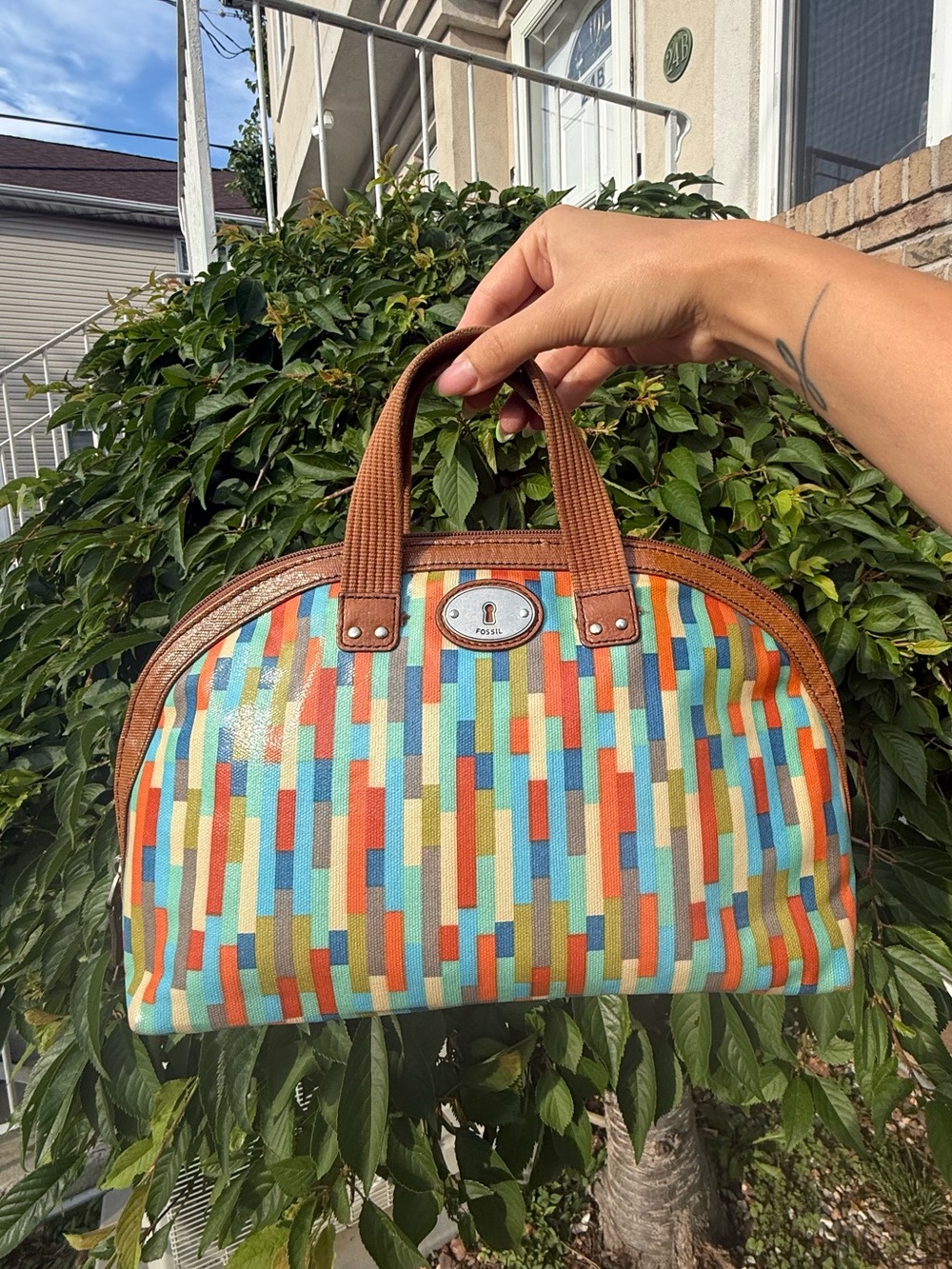 Fossil Vintage Y2K Multicolor Leather Geometric Print Satchel Handle Bag Purse - Picture 1 of 6